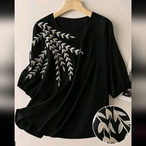 BRAND NEW ** Elegant Black Top with Leaf Embroidery